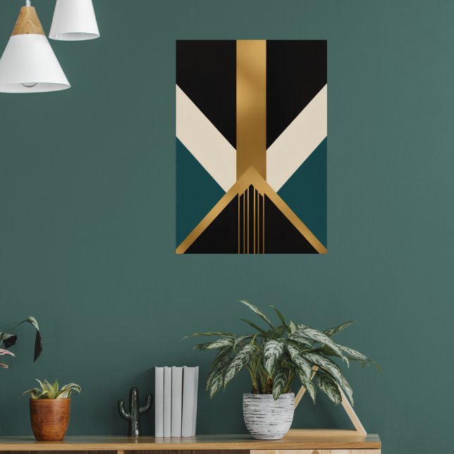 Art Deco Gold Cross Poster | Black Teal Geometric (Living Room 1)