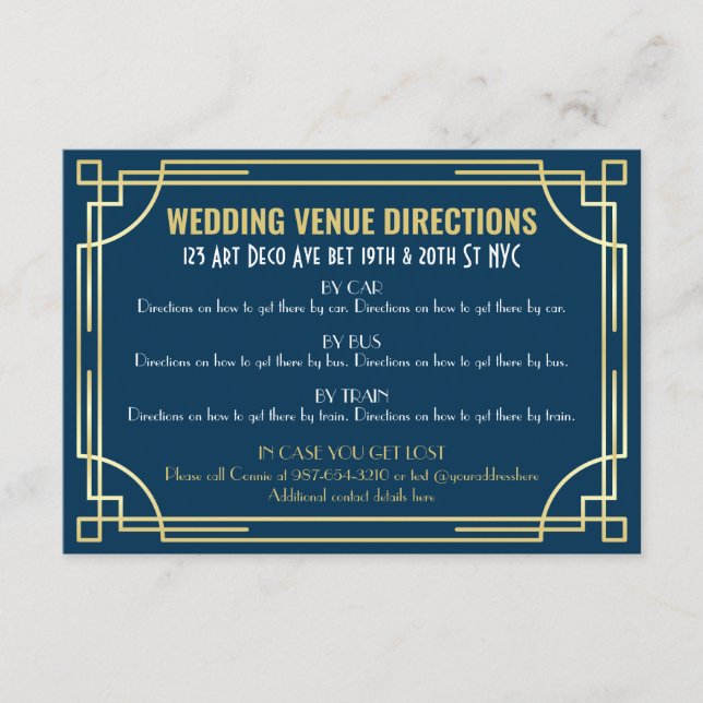 Art Deco Gold Dark Blue Wedding Map Directions Enclosure Card (Front)