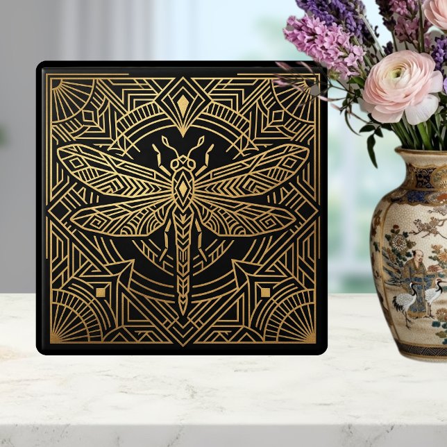 Art Deco Gold Dragonfly Black Geometric Design  Ceramic Tile (Creator Uploaded)