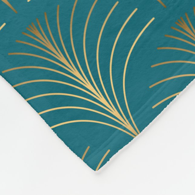 Art Deco Gold Fans on Turquoise Fleece Blanket (Corner)