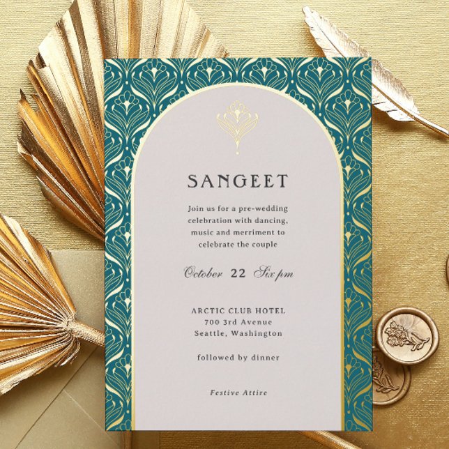 Art Deco Gold Floral Indian Wedding Sangeet (sangeet invitation, indian wedding invitation, hindu wedding invitation, art deco gold foil invite)