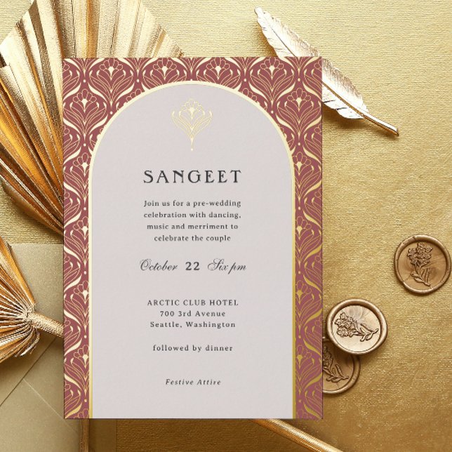 Art Deco Gold Floral Indian Wedding Sangeet (sangeet invitation, indian wedding invitation, hindu wedding invitation, art deco gold foil invite)