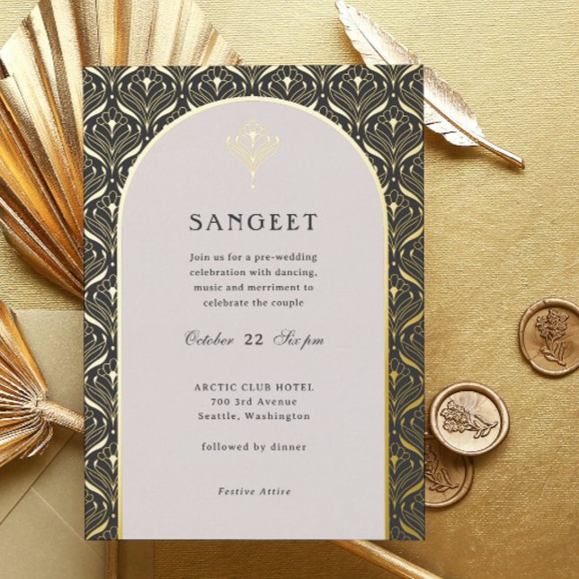 Art Deco Gold Floral Indian Wedding Sangeet (sangeet invitation, indian wedding invitation, hindu wedding invitation, art deco gold foil invite)