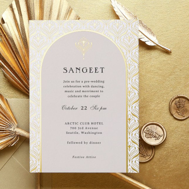 Art Deco Gold Floral Indian Wedding Sangeet (sangeet invitation, indian wedding invitation, hindu wedding invitation, art deco gold foil invite)