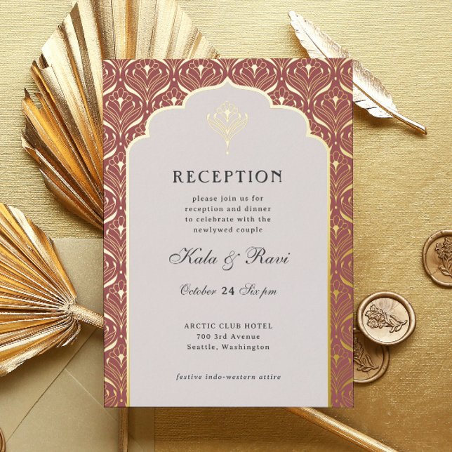 Art Deco Gold Floral Lotus Wedding Reception (art deco reception invitation, indian wedding invitation, hindu wedding invite, metallic gold foil)
