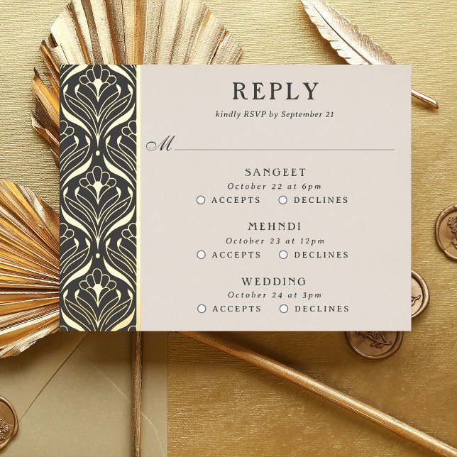Art Deco Gold Floral Wedding Multi Event RSVP Card (multi event RSVP card, indian wedding invitation response card, hindu wedding reply card enclosure)
