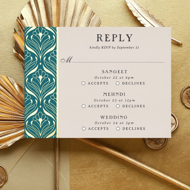 Art Deco Gold Floral Wedding Multi Event RSVP Card (multi event RSVP card, indian wedding invitation response card, hindu wedding reply card enclosure)