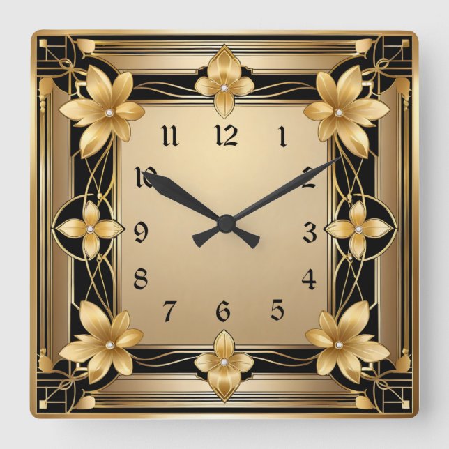 Art Deco Gold Flower Square Wall Clock (Front)