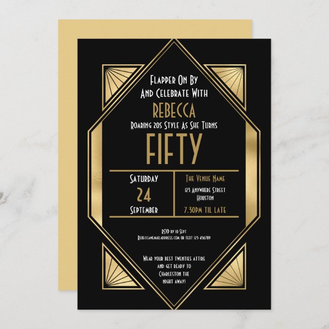Art Deco Gold Frame 50th Birthday Black Invitation (Front/Back)