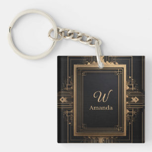 Art Deco Gold Frame with Custom Name and Initial Key Ring