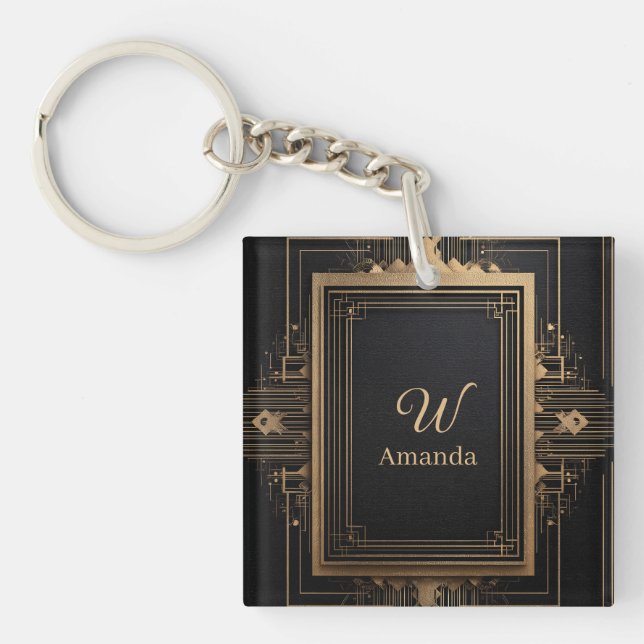 Art Deco Gold Frame with Custom Name and Initial Key Ring (Front)