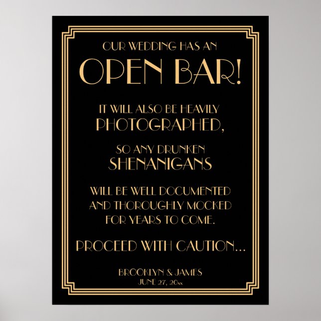 Art Deco Gold Gatsby Black Open Bar Sign 18x24 (Front)