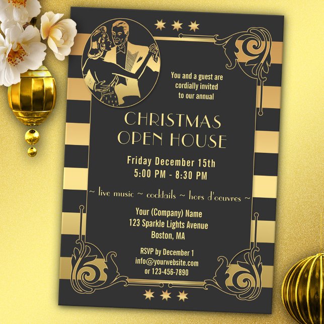 Art Deco Gold Gatsby Christmas Holidays Invitation (Christmas Holiday invitation in a 30-ies and Gatsby inspired art deco style with golden stripes)
