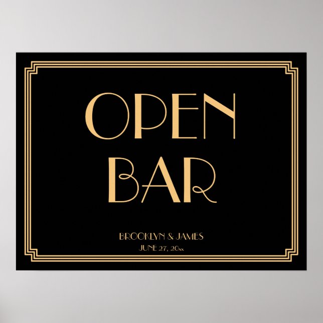 Art Deco Gold Gatsby Wedding Open Bar Sign 24x18 (Front)