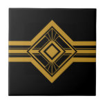 Art Deco Gold Geometric Border Black Ceramic Tile<br><div class="desc">Crisp art deco style gold geometric detail ornament decorative border ceramic tile on a black background. Please note that gold is a mustard yellow flat colour print and is not an actual gold colour. Crisp and original design,  perfect for modern or art deco vintage style interior.</div>