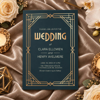 Art Deco Gold Geometric Navy Blue Wedding Invitation
