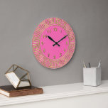 Art Deco Gold Hot Pink Greek Key Border DIY BG Large Clock<br><div class="desc">Art-Deco Gold Hot Pink Greek Key Border, Gold Markers Wall Clock, Choose Your Own Colour DIY Background ========== A classic art deco gold border on a Do It Yourself Colour Choice background (initially set to Hot Pink). The numeral markers are a gold colour. Please note that this is a digitally...</div>