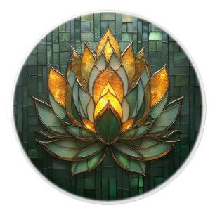 Art Deco Gold Lotus Green Tilework Print Ceramic Knob