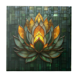 Art Deco Gold Lotus Green Tilework Print Ceramic Tile