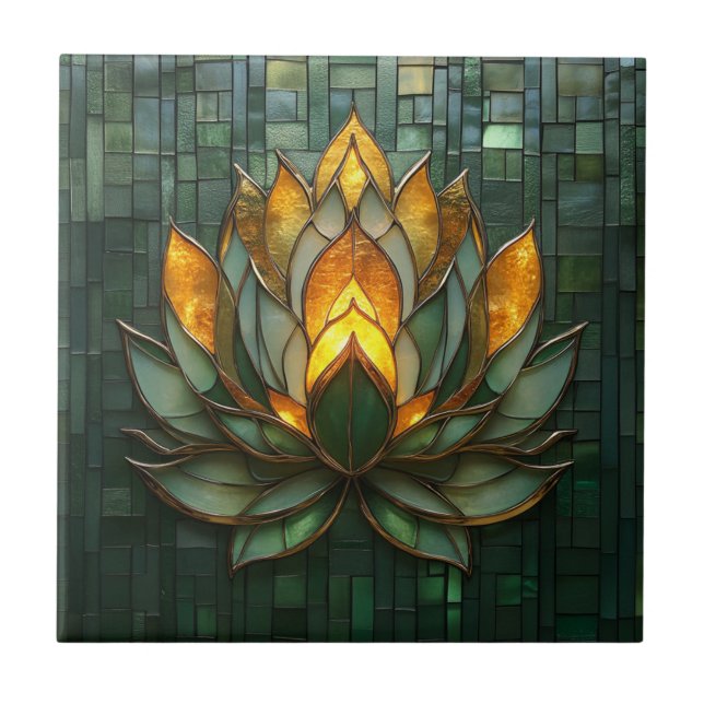 Art Deco Gold Lotus Green Tilework Print Ceramic Tile (Front)