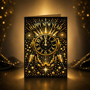 Art Deco Gold Midnight Clock Celebration Holiday Card