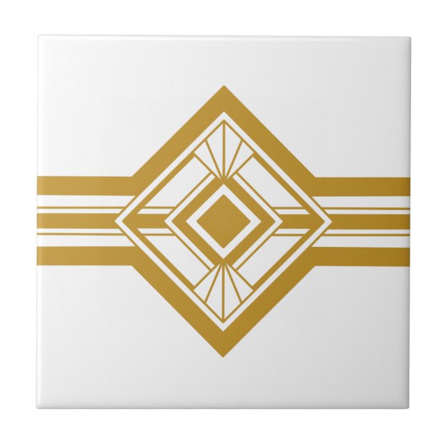 Art Deco Gold Mustard Yellow Geometric Border Ceramic Tile (Front)