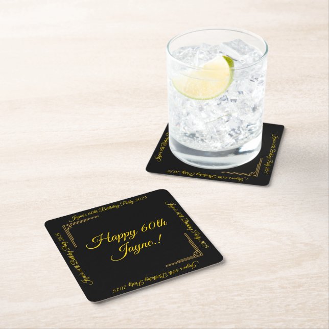Art Deco Gold on Black Birthday Party Square Paper Coaster (Insitu)