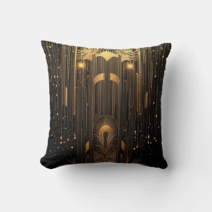 Art Deco Gold Rain Egyptian Art Black 15 x 15 Cushion