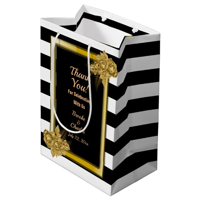 Art Deco, Gold Roses Black Stripes Medium Gift Bag (Back Angled)