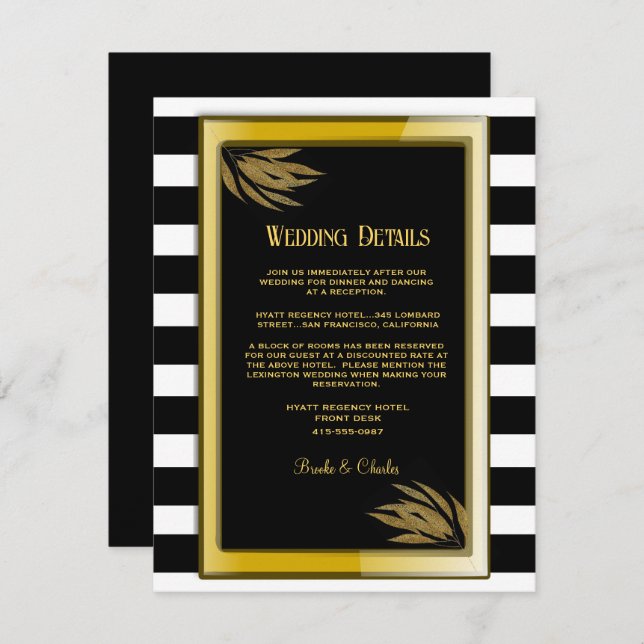 Art Deco Gold Roses Black Stripes Wedding  Enclosure Card (Front/Back)
