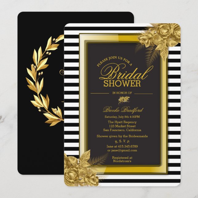 Art Deco Gold Roses & Stripes Bridal Shower Card (Front/Back)