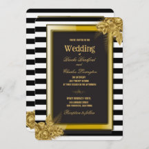 Art Deco Gold Roses & Stripes Wedding Invitations