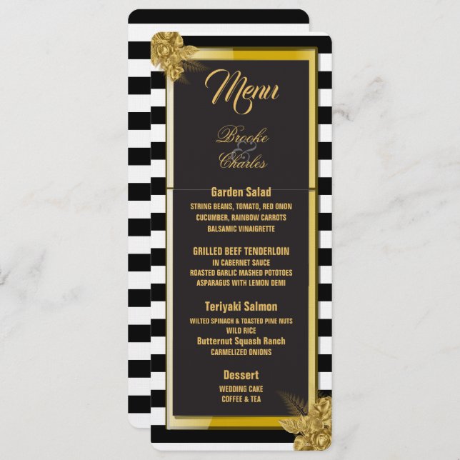 Art Deco Gold Roses, Stripes Wedding Menu Card (Front/Back)