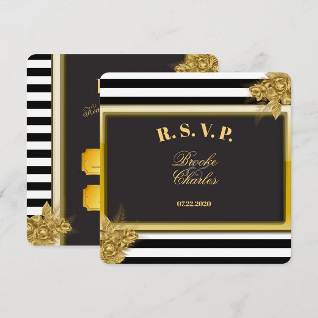 Art Deco Gold Roses & Stripes Wedding RSVP Cards (Front/Back)