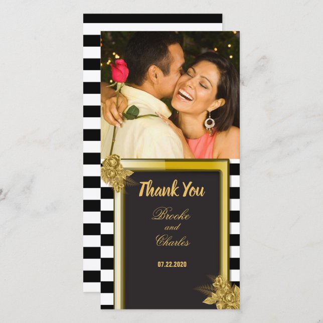 Art Deco Gold Roses, Stripes Wedding Thank You (Front/Back)