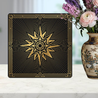 Art Deco Gold Sunburst Compass Graphic Black Ceramic Tile