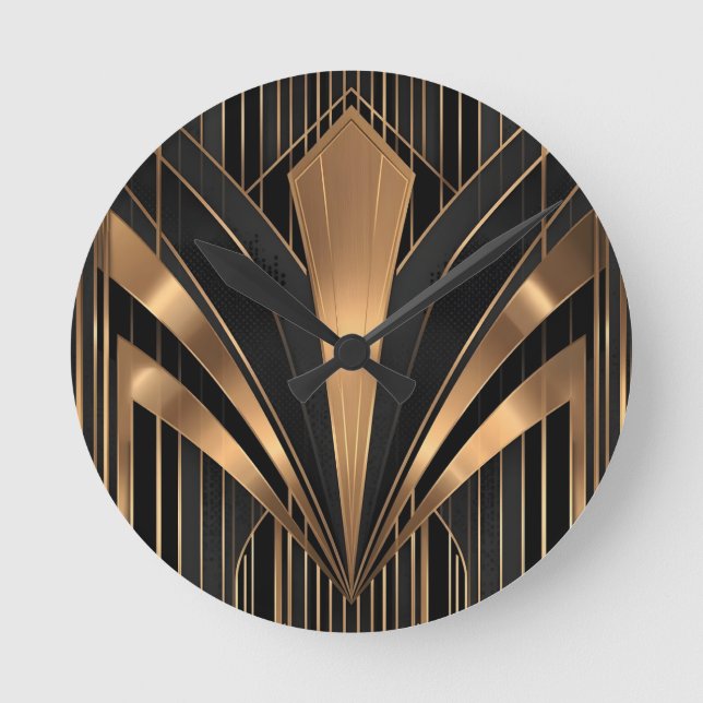 Art Deco Gold Sunburst Luxury Geometry Round Clock (Front)