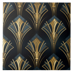 Art Deco Gold, Symmetrical, Navy and Cyan Ceramic Tile