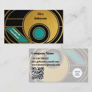 Art Deco Gold Teal Corporate Consultant QR LOGO Business Card