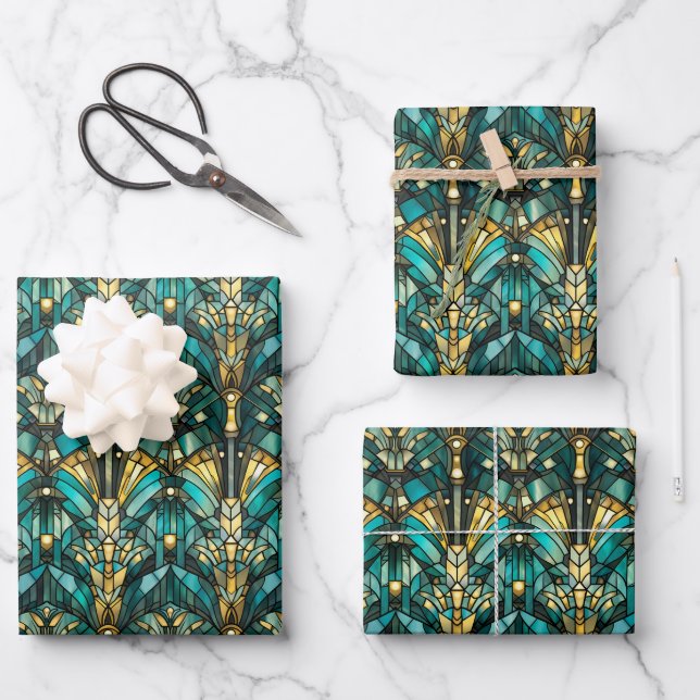 Art Deco Gold & Teal Wrapping Paper Flat Sheets (Front)