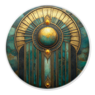 Art Deco Gold Turquoise Abstract Glowing Sun  Ceramic Knob