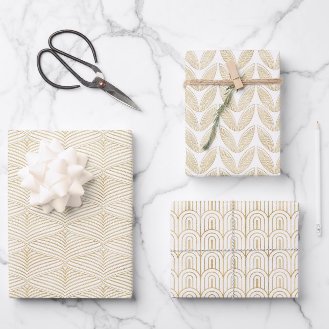 Art Deco Gold & White Wrapping Paper Sheet Set (Front)