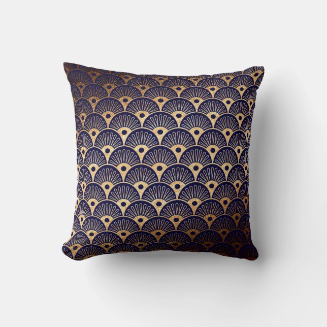 Art Deco Golden Blu Navy  Seashells Pillow (Front)
