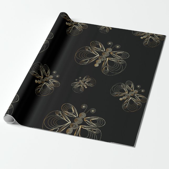 "Art deco" golden butterflies pattern Wrapping Paper (Unrolled)