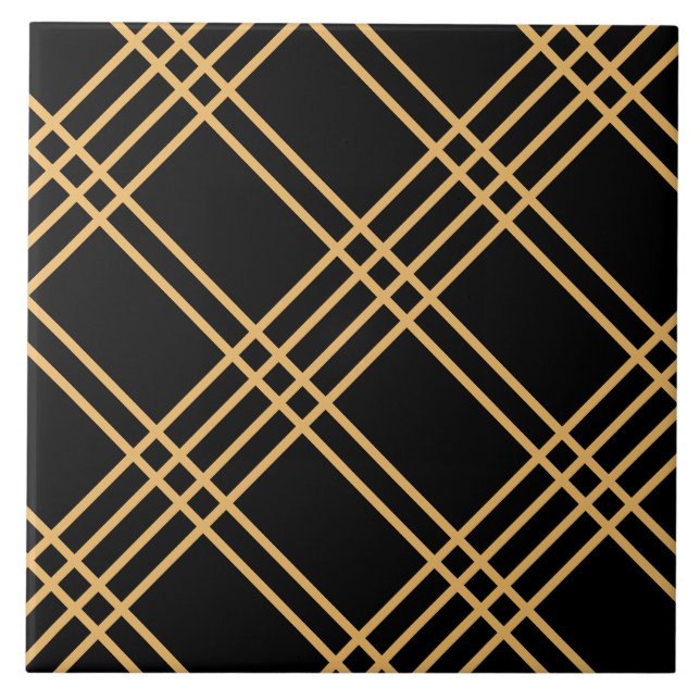 Art Deco Golden Crossed Stripes on Black  Tile (Front)
