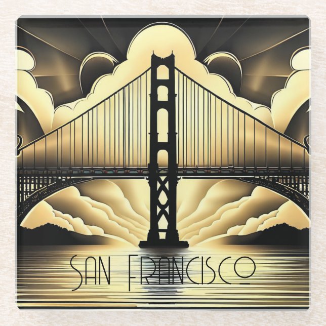 Art Deco Golden Gate Bridge Glass Coaster (Front)