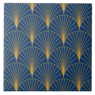 Art Deco Golden Geometric Fans on Navy Blue Ceramic Tile