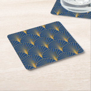 Art Deco Golden Geometric Fans on Navy Blue Square Paper Coaster