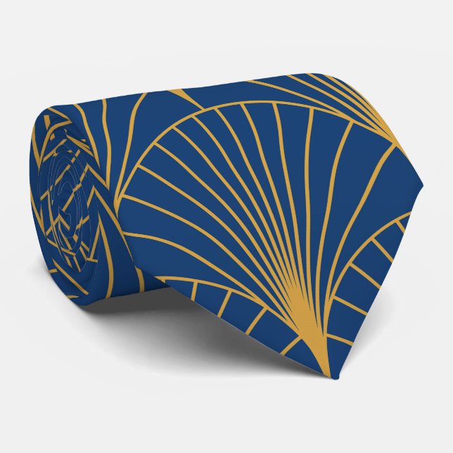 Art Deco Golden Geometric Fans on Navy Blue  Tie (Rolled)