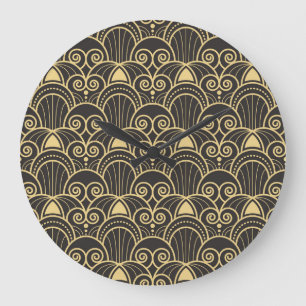 Art Deco: Golden Geometric Tiles. Large Clock